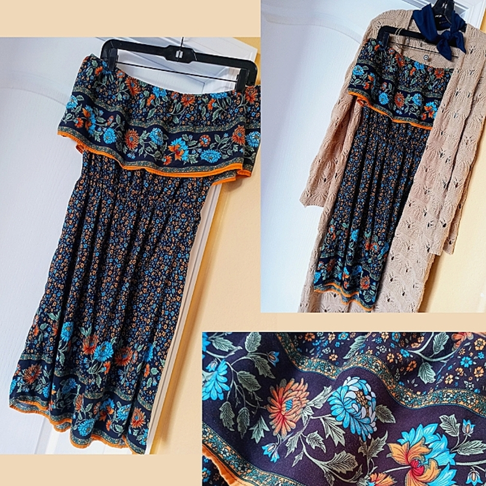 Like NEW Off Shoulder Strapless Floral Boho Medium Navy Short Dress